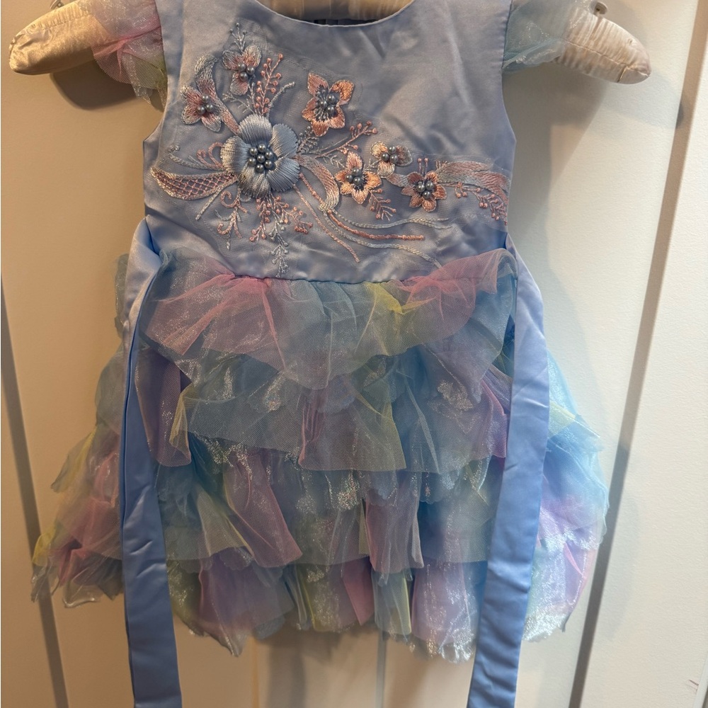 Floral Embroidered Kids Costume Dress - Blue and Pink